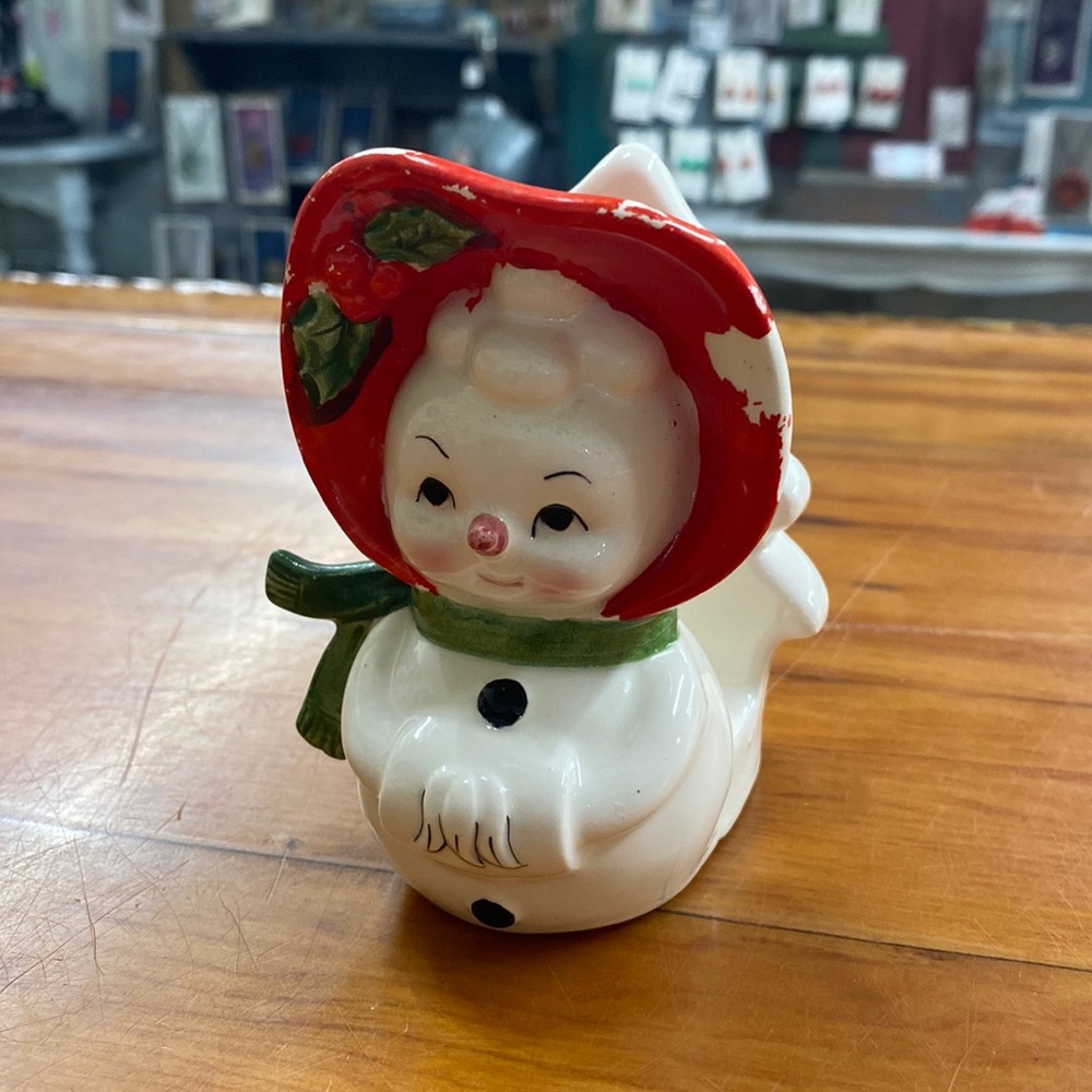 Vintage Lefton Napkin Holder Snowwoman Christmas Tree Snowman Ceramic MCM Kitsch